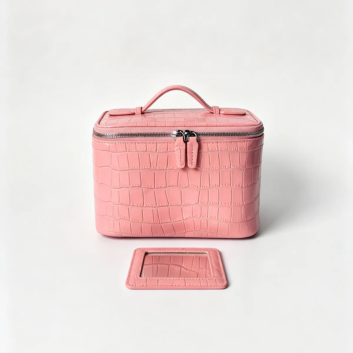 Geprägter Kosmetikbeutel aus Leder mit Krokodil-Optik, großer Stauraum, mehrere Taschen, Handtaschen-Organizer für Toilettenartikel, Reise, rosa Ausführungen. – Detail 14