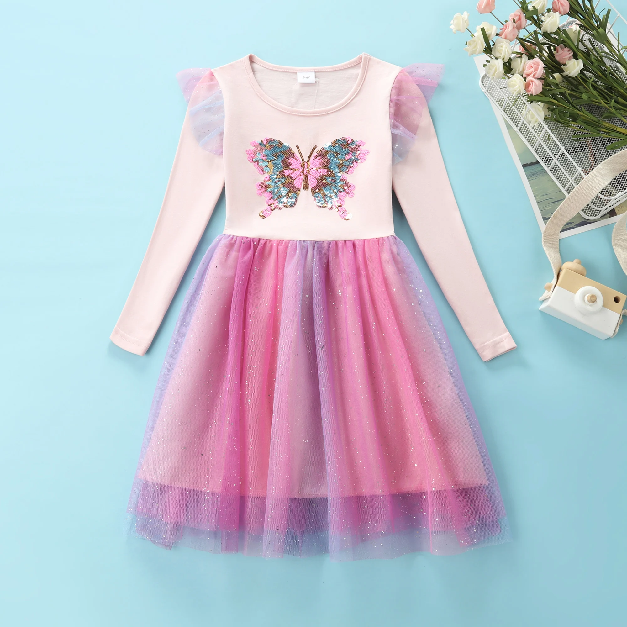 Girl\'s long sleeved butterfly bead embroidered colorful mesh cotton back to school casual knee length dress LH1738