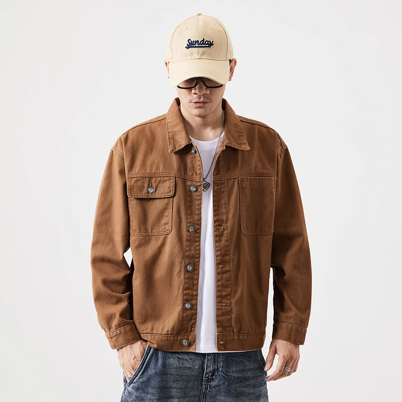 Men's Slim Fit Turn-Down Collar Loose Denim Jacket Spring Autumn Casual Wash Cotton Safari Style Jacket with Multiple pockets