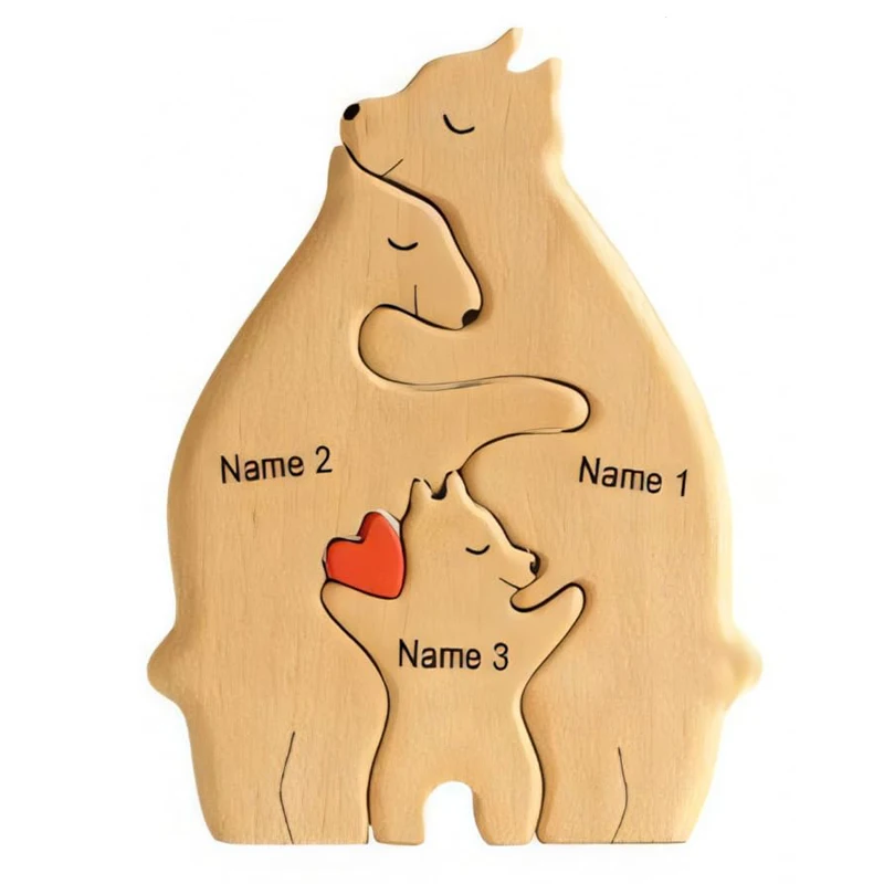 

Персонализированный деревянный художественный пазл, пазл с медведем и сердцем, семейная скульптура медведя, декоративный дом, подарки на день рождения