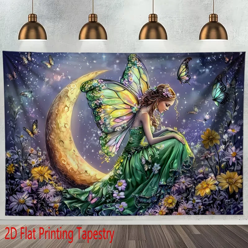 Dreamy Fairy Moon Night Floral Tapestry Wall Hanging Boho Aesthetic Bedroom Decor Fantasy Cosmic Art Tapestry Poster Canvas
