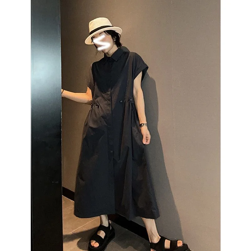 

Женское платье-рубашка больших размеров с завышенной талией, свободного кроя, летнее, длинное, в корейском стиле, для повседневной носки, А-силуэт, цельное