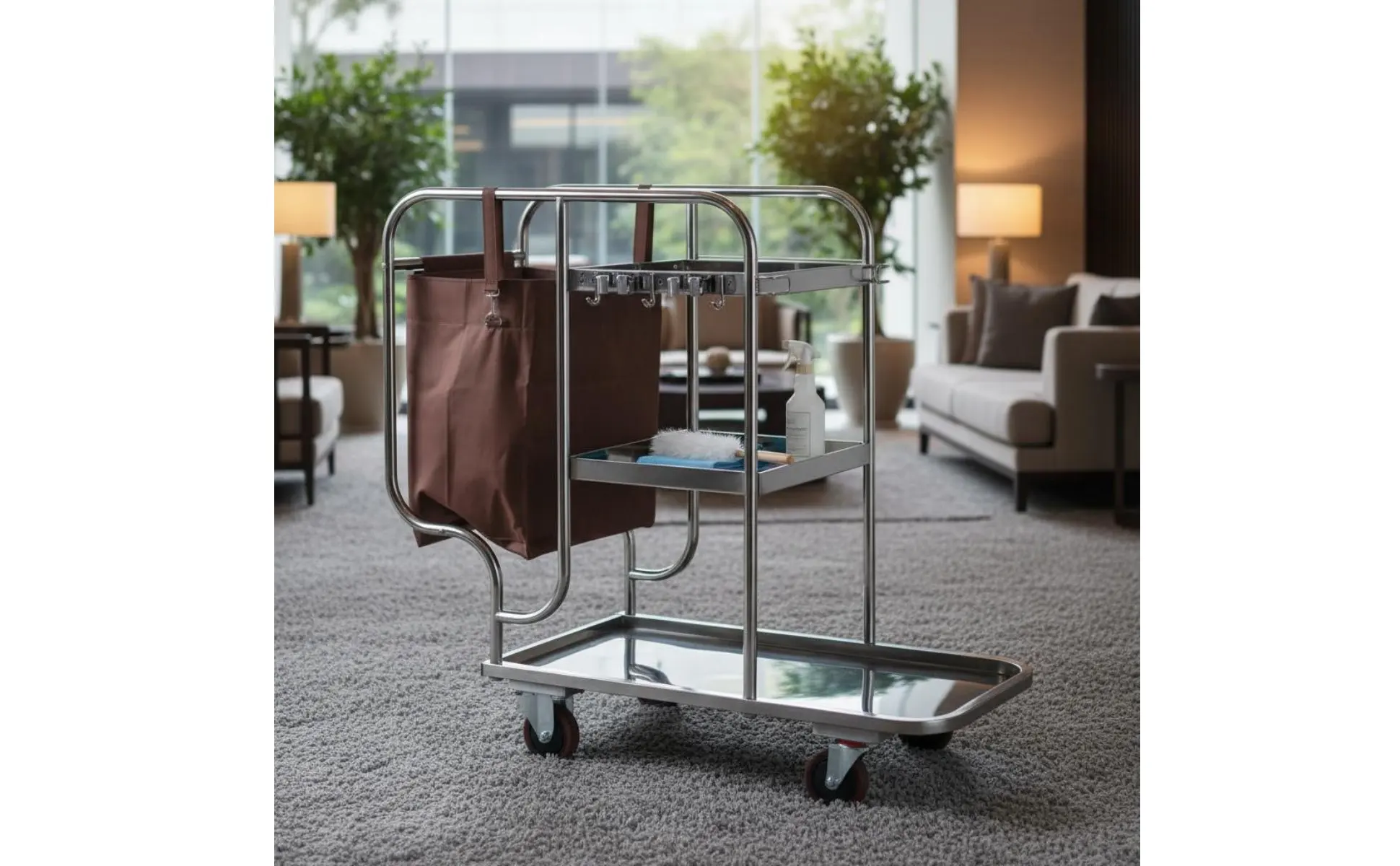 Stainless Steel Janitorial Cart Sturdy Duty Multi-Shelf Cleaning Trolley Business Cleaning Pushcart Large Capacity for Hospital