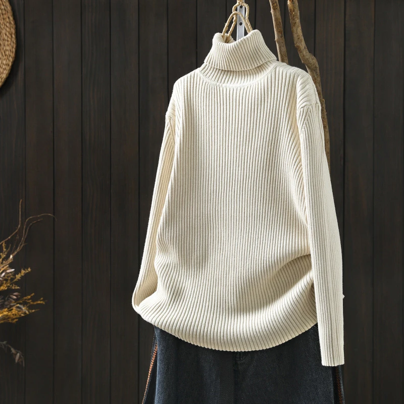 เสื้อสเวตเตอร์ลำลองผู้หญิง รุ่นใหม่ 2025 สไตล์เรียบง่าย วินเทจ คอเต่า สีพื้น แขนยาว ถักนิตติ้ง รุ่น M2088