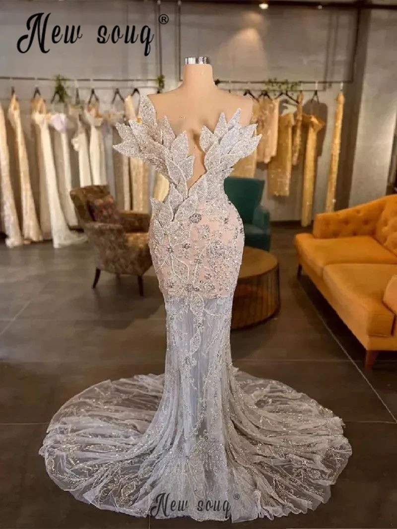 

Dubai Illusion Mermaid Evening Dress Arabic Ivory Full Beads Prom Dress 2024 For Women Luxury Wedding Party Dress Custom Made