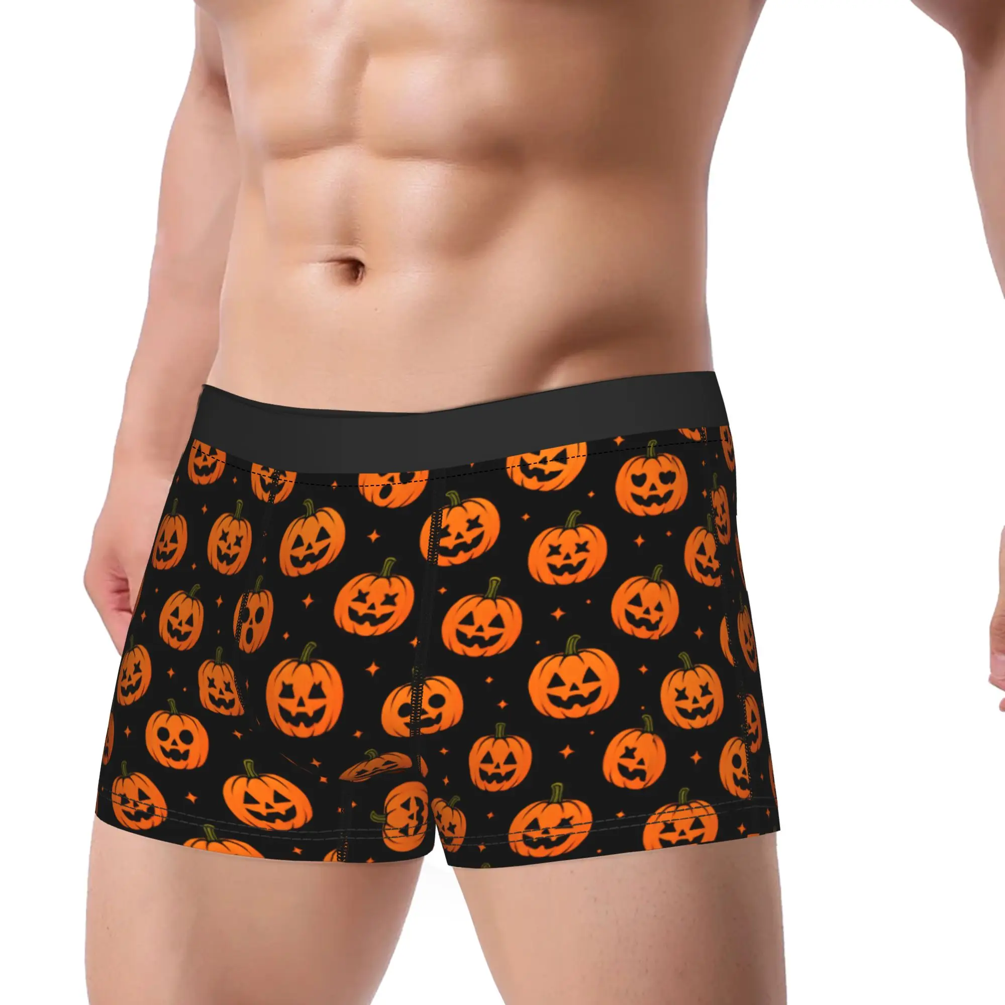Halloween Different Face Pumpkin Seamless Pattern Black Background Shorts Briefs  Underwear Hot Sale Male Sexy Soft Boxershorts