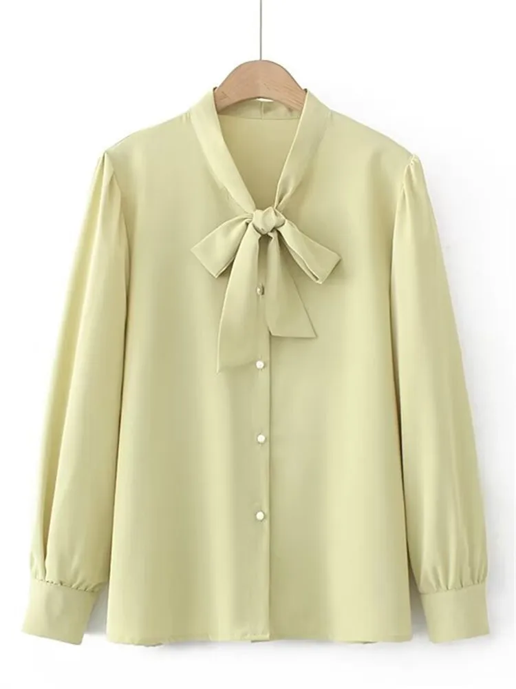 Plus Size Women's Clothing Spring Autumn Solid Color Long-Sleeved Shirt With Bow Tie Collar Elegant Plus Size Shirt Basicversion