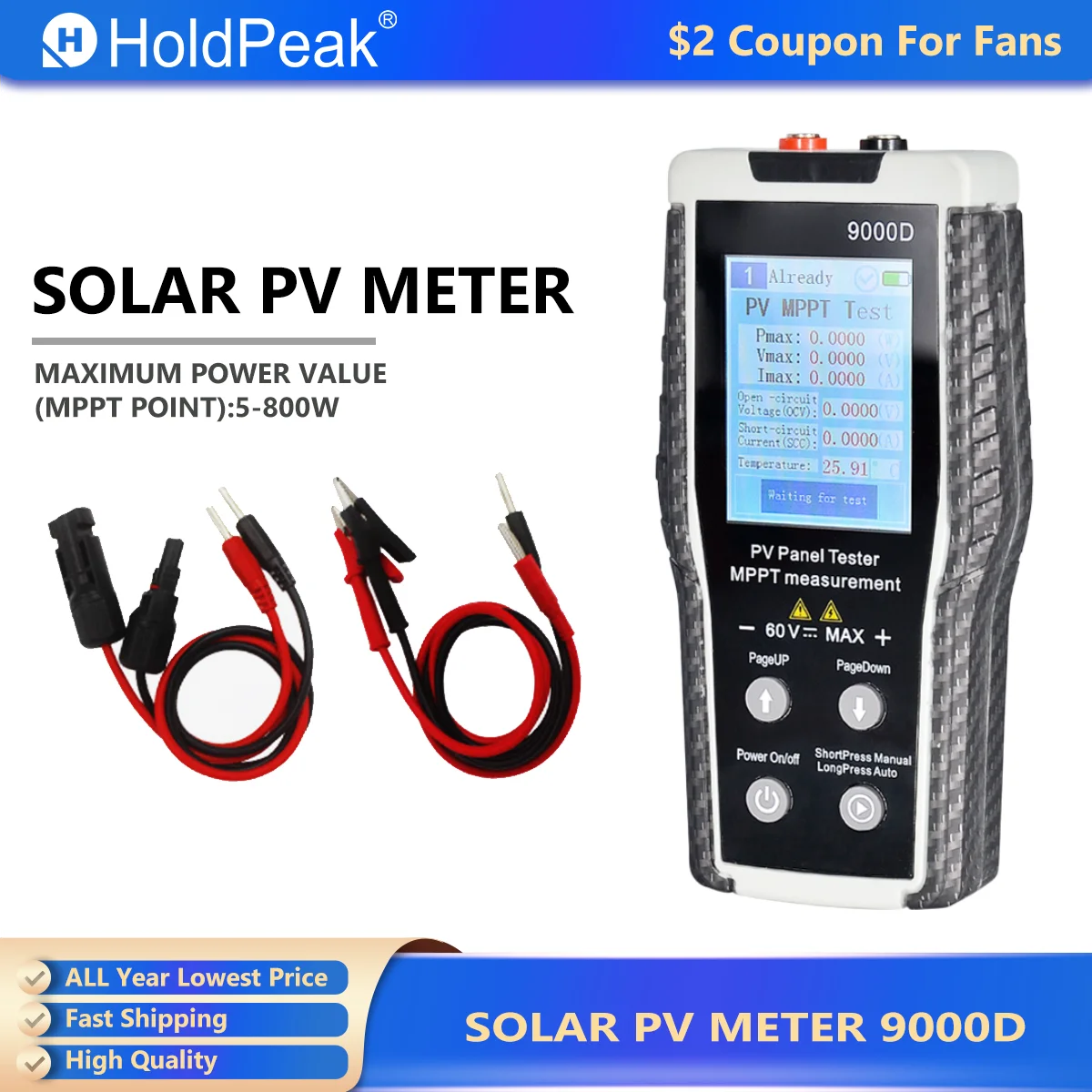 

Professional Solar Panel Tester 9000D, MPPT Power Analyzer 5-800W, 2.8'' TFT Display, pv System Diagnostic Measure Tool Suits