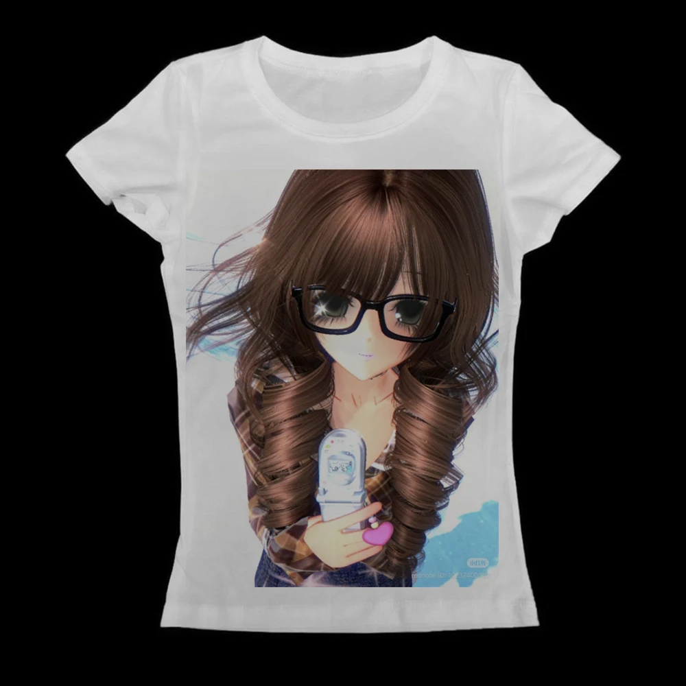 Y2K Glasses Curly Hair Anime Girl Flip Phone Print Women Slim Long Sleeve T-Shirt Retro Harajuku Manga Fitted Streetwear Top