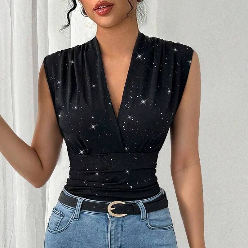 New Shining And Glowing Deep V Neck Sleeveless T-Shirts Women Fashion Vest Women Summer Tank Tops Black