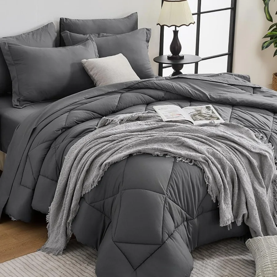 

7 Pieces Queen Comforter Set All Season Reversible Bed in a Bag Queen Ultra Soft Queen Bedding Set with Grey Comforter Flat She