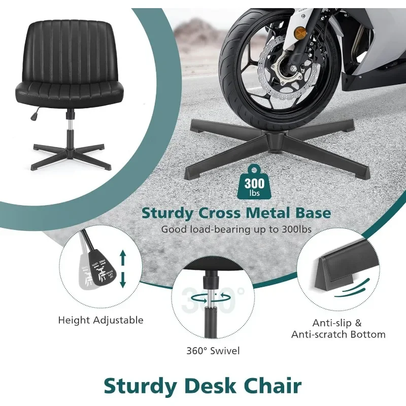 Cross Legged Armless Wide Adjustable Swivel Padded Home Office Desk Chair, Black