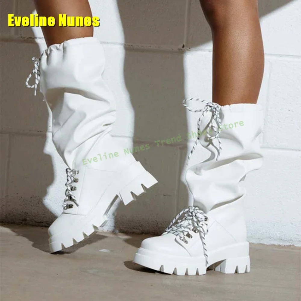 

White Lace-Up Patchwork Fashion Boots Round Toe Tank Sole Elastic Band Cross Tied Women Knee High Boots 2025 Spring New Arrivals