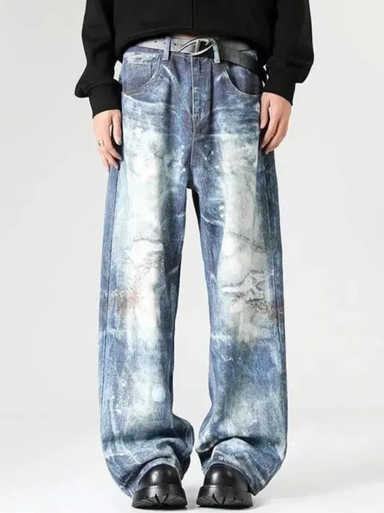Calças Jeans Masculinas Novas Primavera Verão, Modernas, em Denim Queimado, Lavagem Salgada, Estilo Streetwear, Perna Larga, Calças Longas BFYE