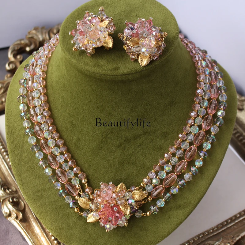 

Rhinestone transparent pink artificial crystal exquisite woven necklace