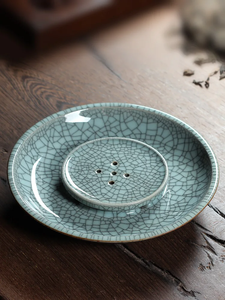 

Handmade Cerc Gongfu Tea Set Dry Foam Table Brother Kiln Blue Porcelain Tea Pot Holder round Water Collection Tray