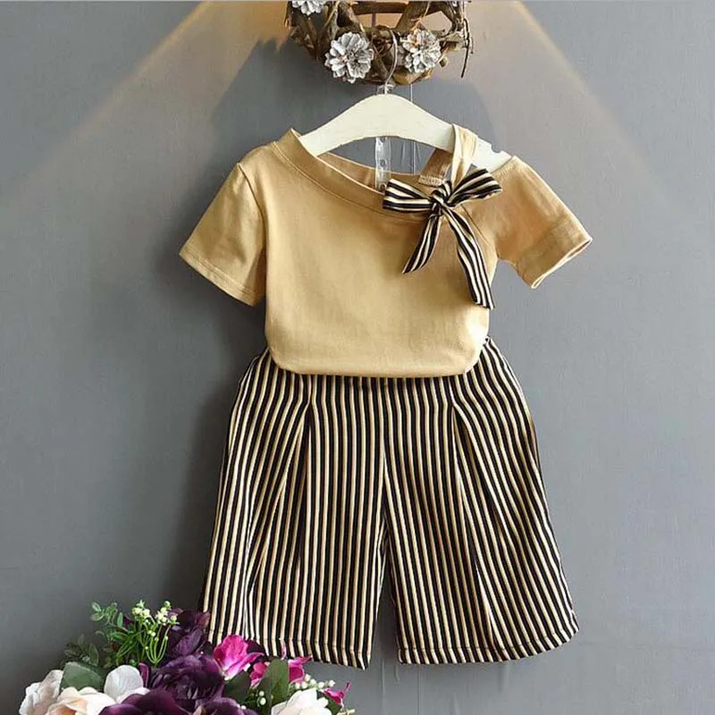 Summer Children Girls Casual Clothes Bownot Short Sleeve T-shirt+Striped Print Shorts Suits Two-Piece Costume Set For 2-8Y Girls