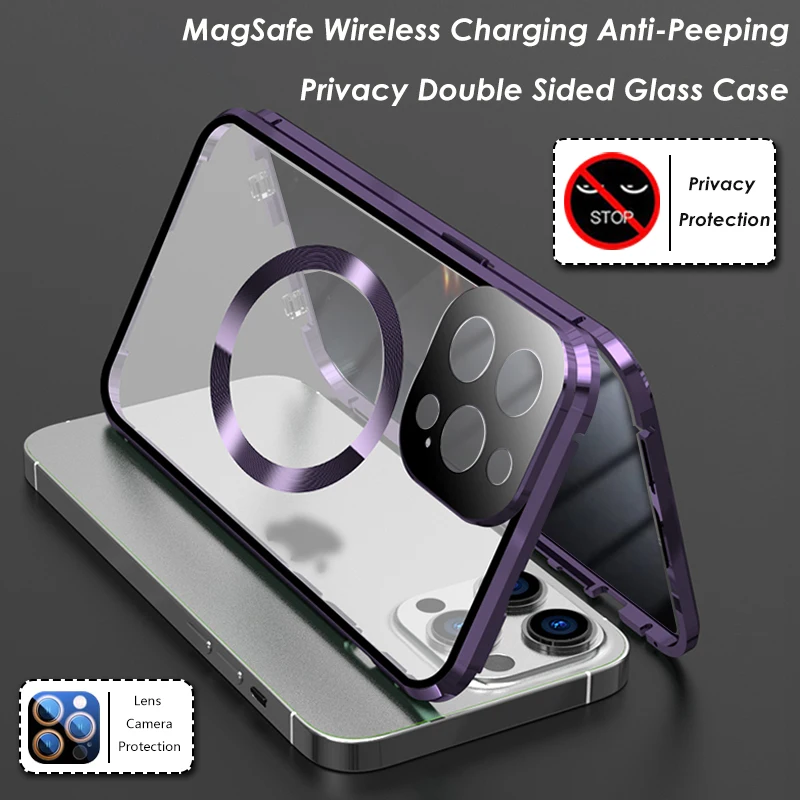 

MagSafe Wireless Charging Anti-Peeping Privacy Case For iPhone 15 14 13 12 Pro Max Double Sided Glass Camera Lens Protect Cover