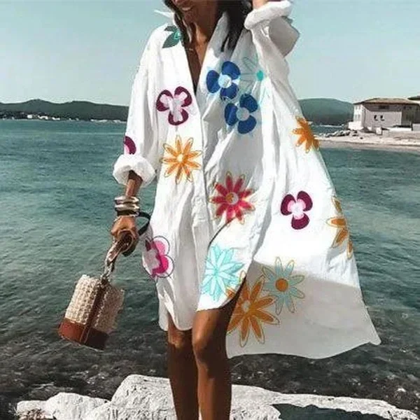 2024 Summer Loose Knee-Length Skirt New Women's Fashion and Elegance Printed Large Shirt Dress