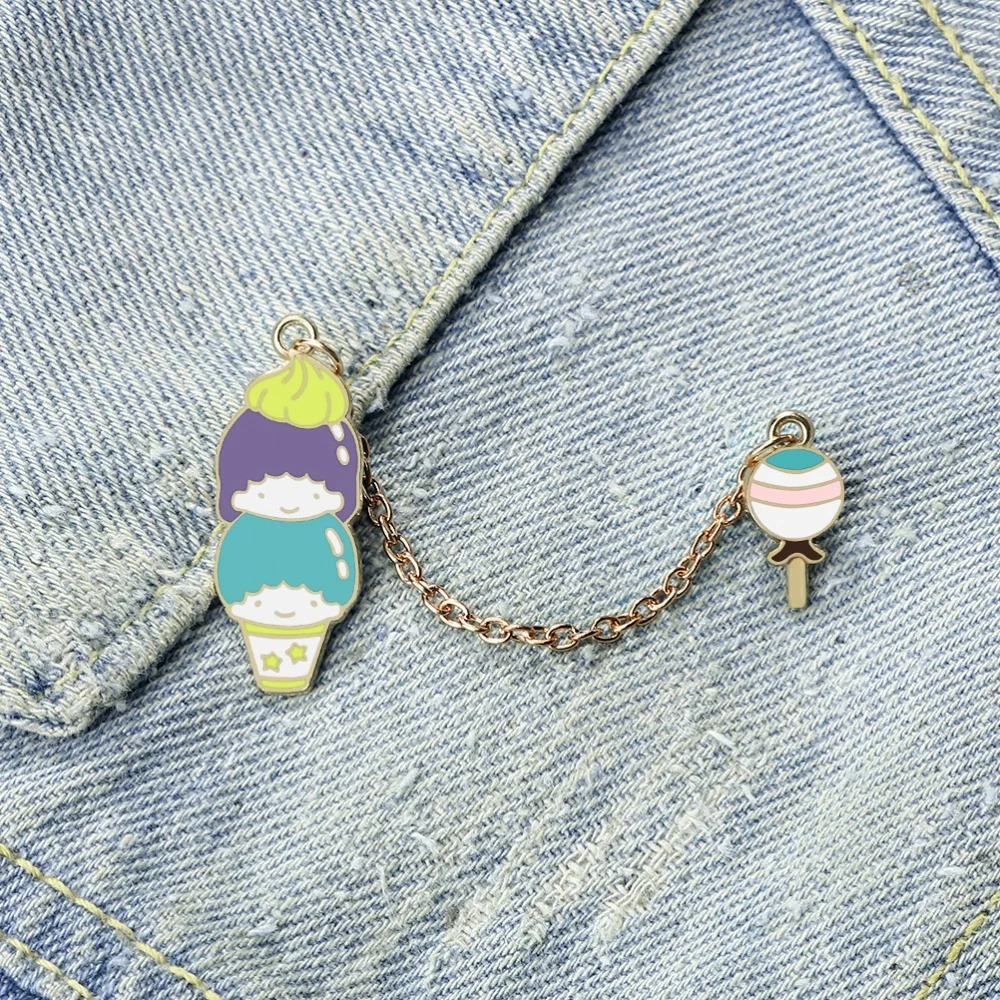 Lovely Ice Cream Lollipop Enamel Pins Creative Long Chain Brooches Custom Metal Denim Bag Lapel Badges Jewelry Gifts for Friends