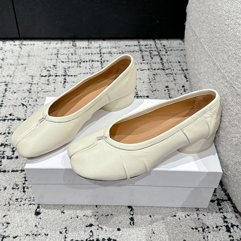 Genuine Leather Handcrafted Shoes 2025 New Style Womens High Heels Black Ballet Flats Crinkle-toe Shoes Designer Shoes image 3