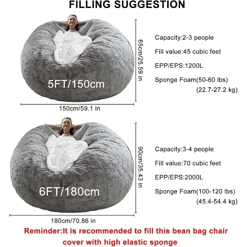 Extra Large Memory Foam Lazy Filling Giant Round Beanbag Living Room Bean Bag Sofa Chair Bed Lazy Sofa Beanbag Fake Fur Beanbag