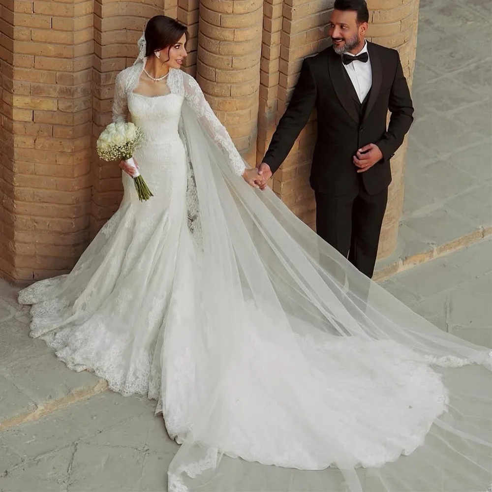 Abiti da sposa arabi personalizzati collo quadrato maniche lunghe corte strascico pizzo sirena abito da sposa Vestido De Noiva abiti da sposa