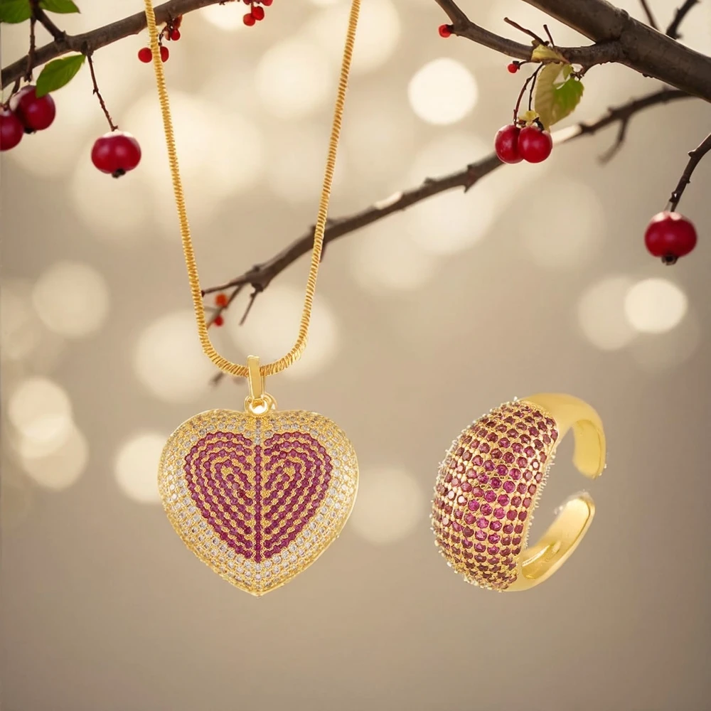 

Women's Open Ring Necklace Set Love Pendant Inlaid with Zircon Stainless Steel Fashion Versatile Jewelry Accessories