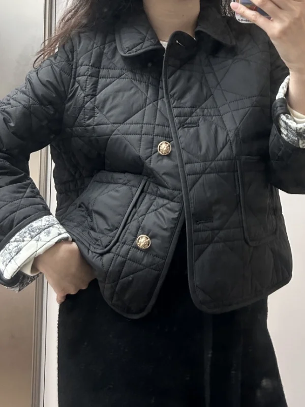 Retro Pattern Quilted Cotton Jacket Women's Korean Style Reversible Wear Spring Autumn Winter Elegant Diamond Grid Design