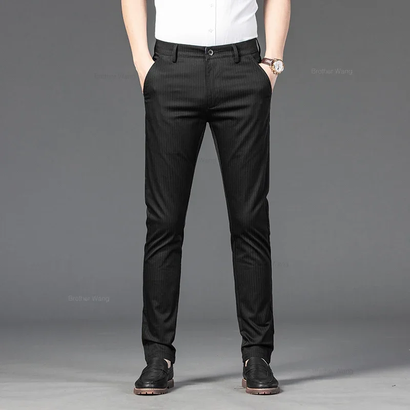 New Men\'s Business Straight Striped Casual Pants High Quality British Fashion Soft Elastic Trousers Black White Khaki Gray