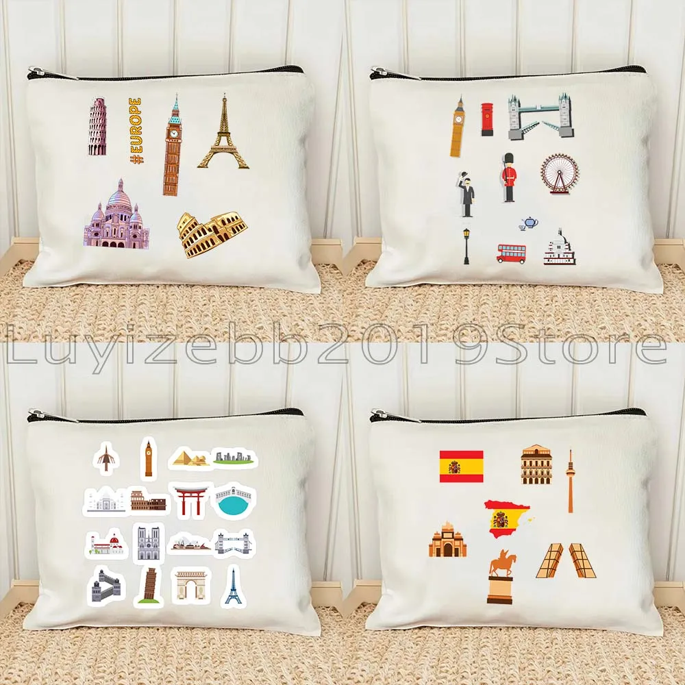 Londres, Madrid, España, viaje al mundo, paquete de monumentos, estampado, regalos europeos, bolsa de cosméticos de lona, bolsa de maquillaje, bolsa de aseo, estuche para lápices