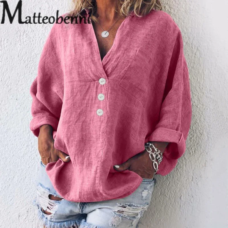 Autumn V Neck Button Decoration Pullover Shirt Women Solid Color Cotton Linen Long Sleeve Blouse Ladies Comfortable Casual Tops