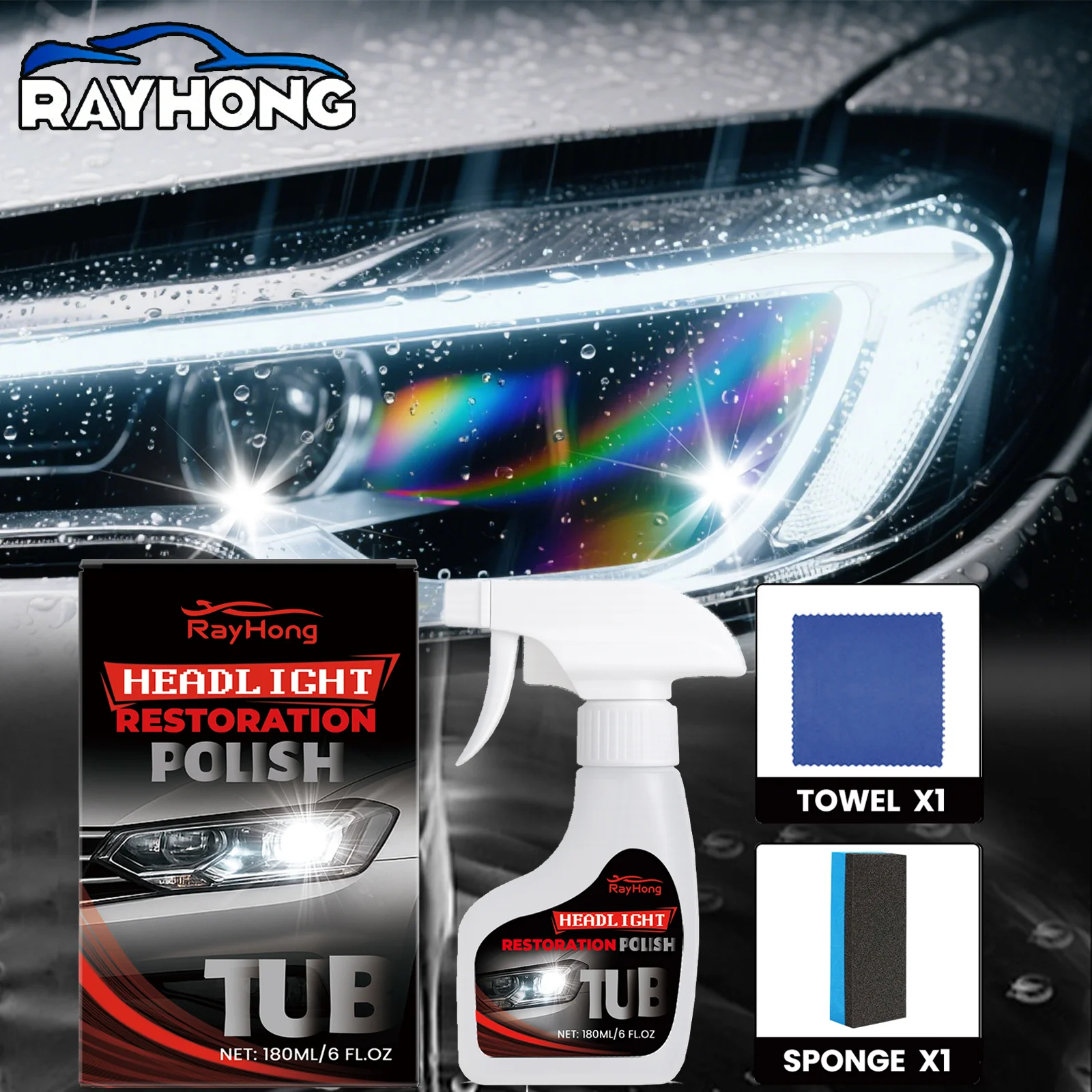 

Professional Headlight Care Kit 180ML with Spray Sponge Towel Anti Oxidation Clear Coating Improves Light Output Night Drivesafe