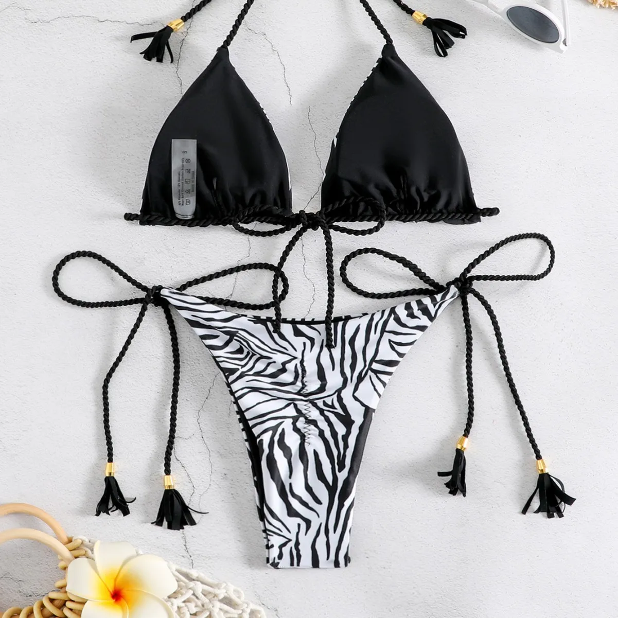 Women's Push Up Braided Two Piece Bikini Set Black White Stripe Pattern Quick Dry Fabric Comfortable Fit For Beach Vacation
