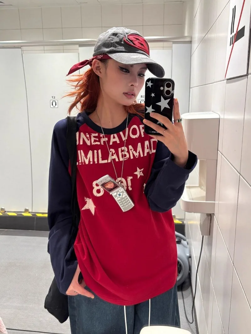 긴 소매 컬러 블록 레터 후디 여성 의류 그래픽 심플 우아 다용도 패셔너블 루즈하고 넉넉한 후디