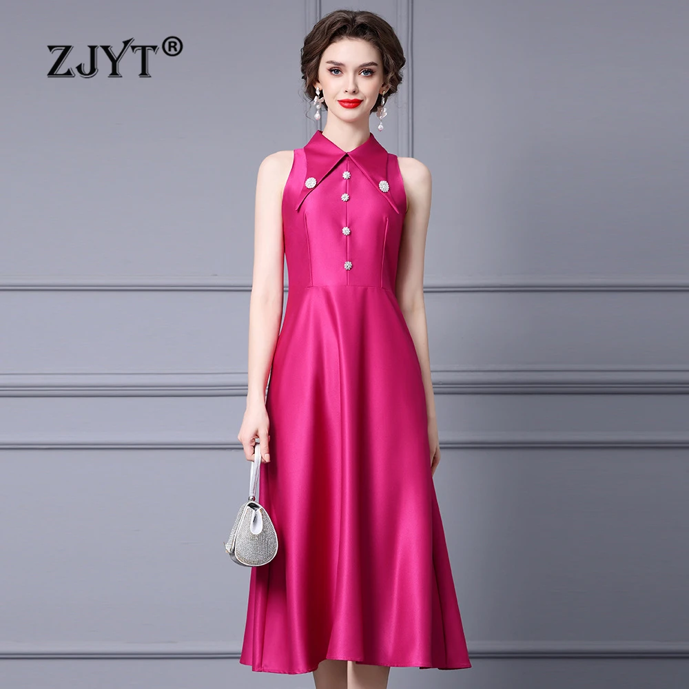 

ZJYT Summer Designer Elegant Dress Women 2024 Fashion Turn Down Collar Sleeveless Midi Prom Party Dresses Crystal Buttons Robe