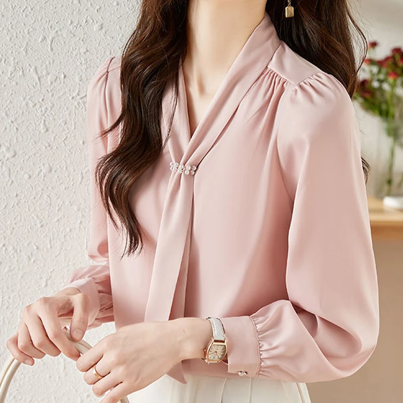 Camisa elegante de manga larga con cuello en V para mujer, Top holgado de vendaje de Color sólido con cordón, informal, combina con todo, moda de