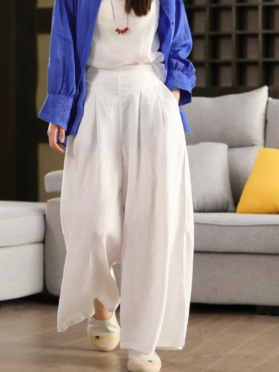 

Женские широкие брюки из плотного льна в стиле Heavy Industry, с полуэластичным поясом, свободные повседневные брюки-юбка, визуально стройнящие фигуру