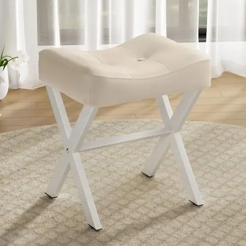 

18-дюймовый кожаный стул-табурет для туалетного столика, скамья для туалетного столика с металлическими X-образными ножками, акцентный табурет-оттоманка с толстым мягким сиденьем, бежевый