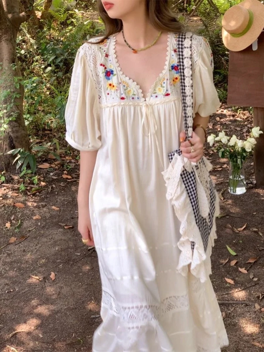 Grande taille Vintage brodé Floral été Dr femmes ample minceur v-ne genou longueur a-ligne Dr coréen Sle