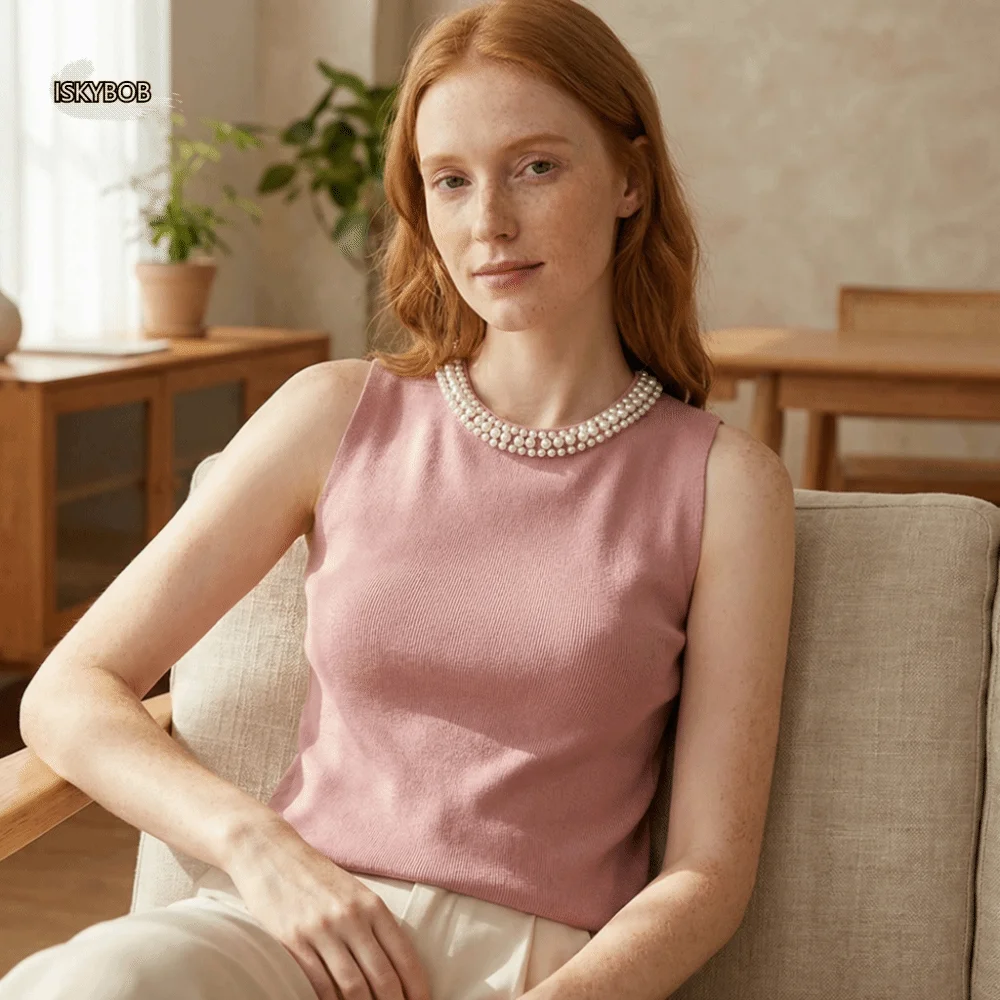 

Loose Sweet Women's Short Vest Summer Spring Round Neck Knitted Vest Top Pearl Sleeveless Top Party