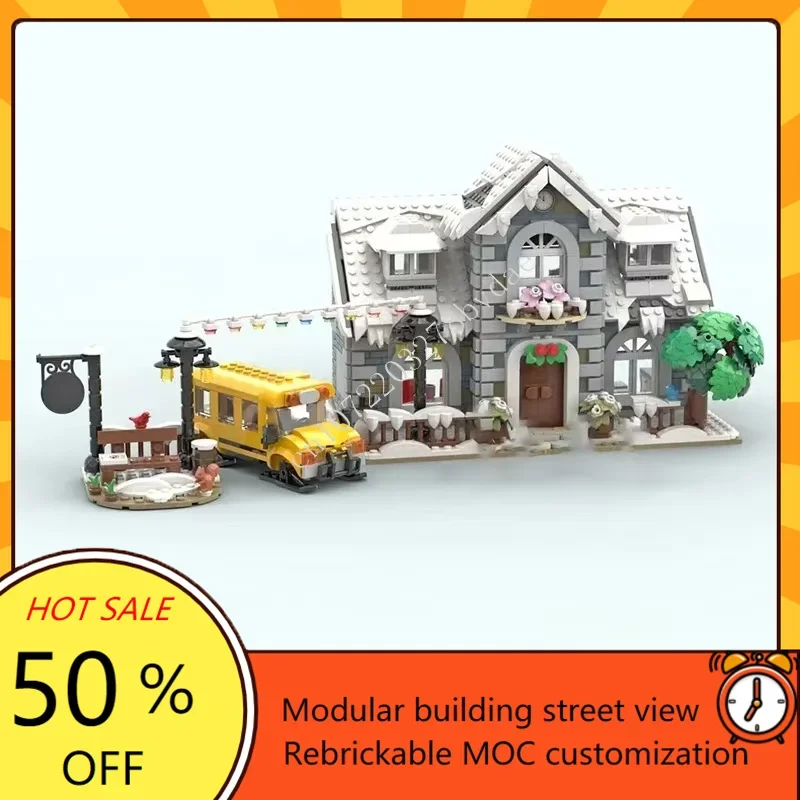 

1311PCS Winter Village School with Bus Modular MOC Creative street view Model Custom Puzzle Architecture DIY Model Toys Gifts
