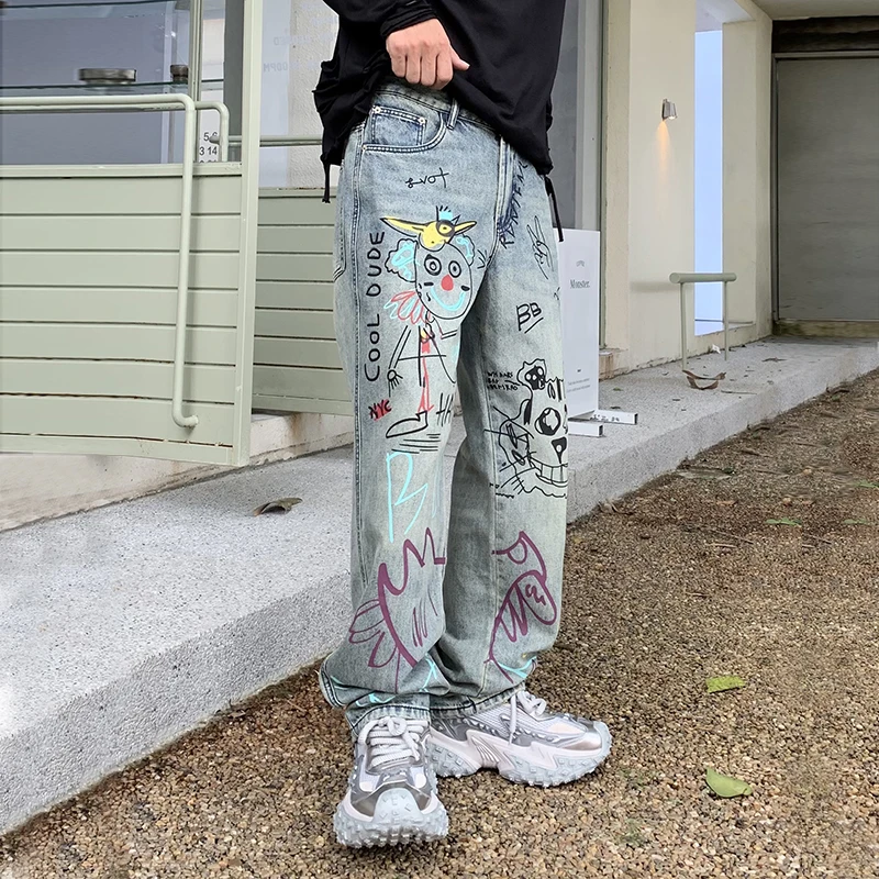 Streetwear High-End Gepersonaliseerde Graffiti Jeans Mannen Amerikaanse High Street Tij Losse, Wijd Uitgestoken Peplum Casual Broek