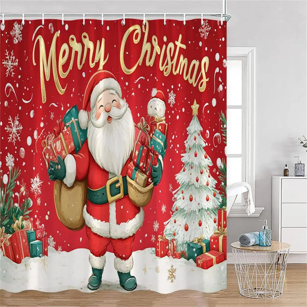 Pink Christmas Snowman Shower Curtains Winter Forest Watercolour Art Xmas New Year Home Bathroom Curtain Decoration With Hooks