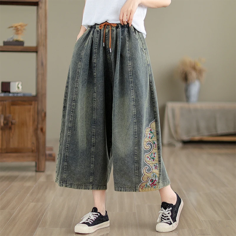 

2024 New Arrival Spring/summer Women Cotton Denim Embroidery Ankle-length Pants Elastic Waist Loose Wide Leg Pants Jeans V476