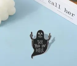Black Ghost Middle Finger Enamel Pin See you in hell Badge Brooches Bag Clothes Lapel pin Funny Punk Gothic Jewelry Gift