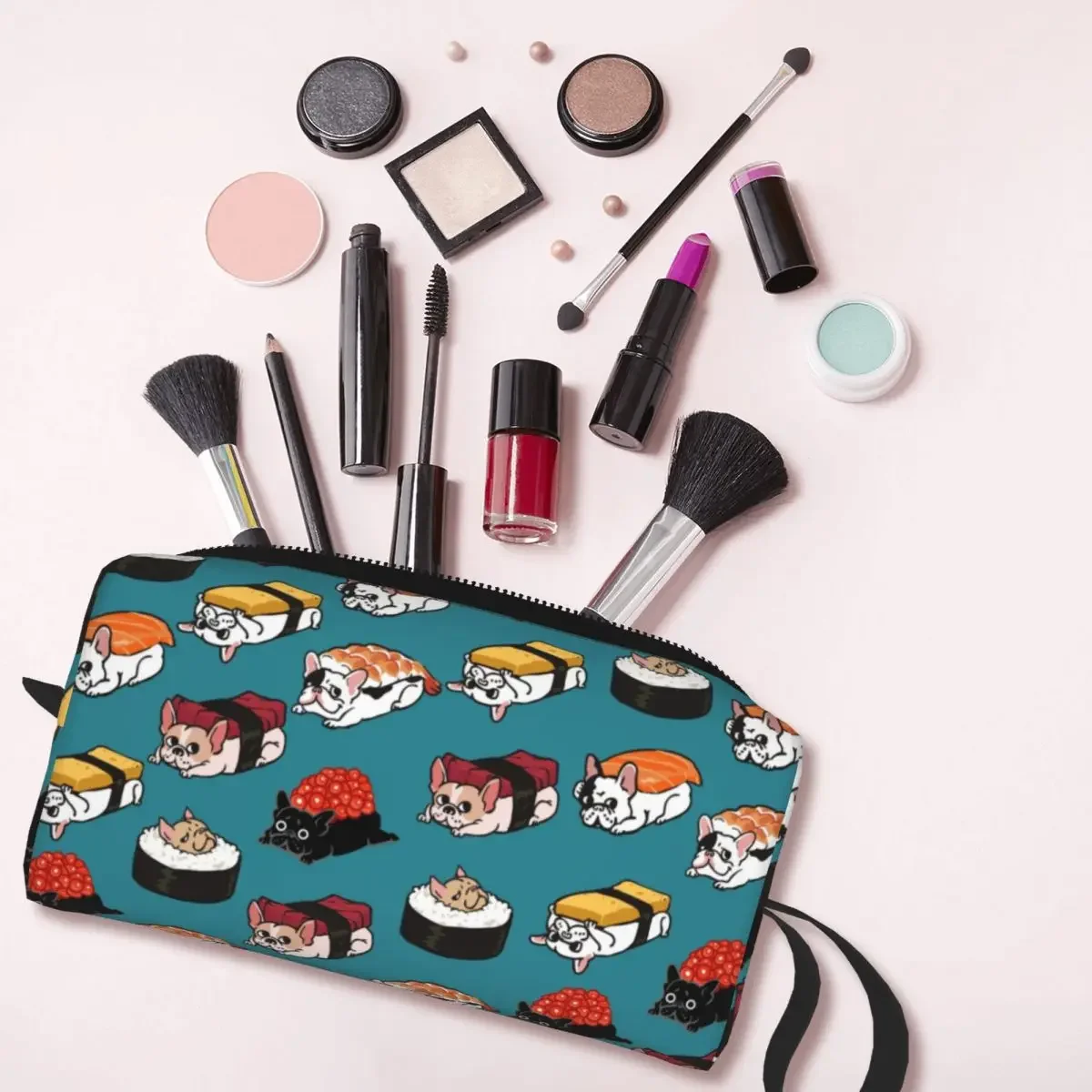 Bolsa de cosméticos Sushi Frenchie para mujer, estuche de maquillaje de Bulldog Francés de gran capacidad, bolsas de aseo de almacenamiento de belleza, moda