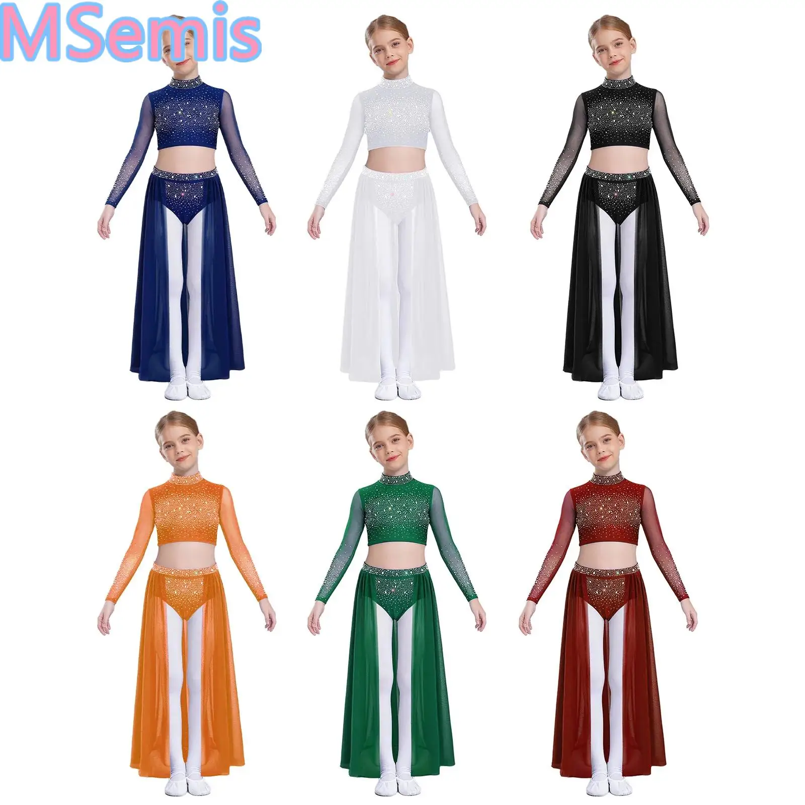 

Kids Girls Lyrical Dance Outfits Long Sleeve Keyhole Back Shiny Rhinestones Crop Top with Open Front Flowy Sheer Mesh Skirt