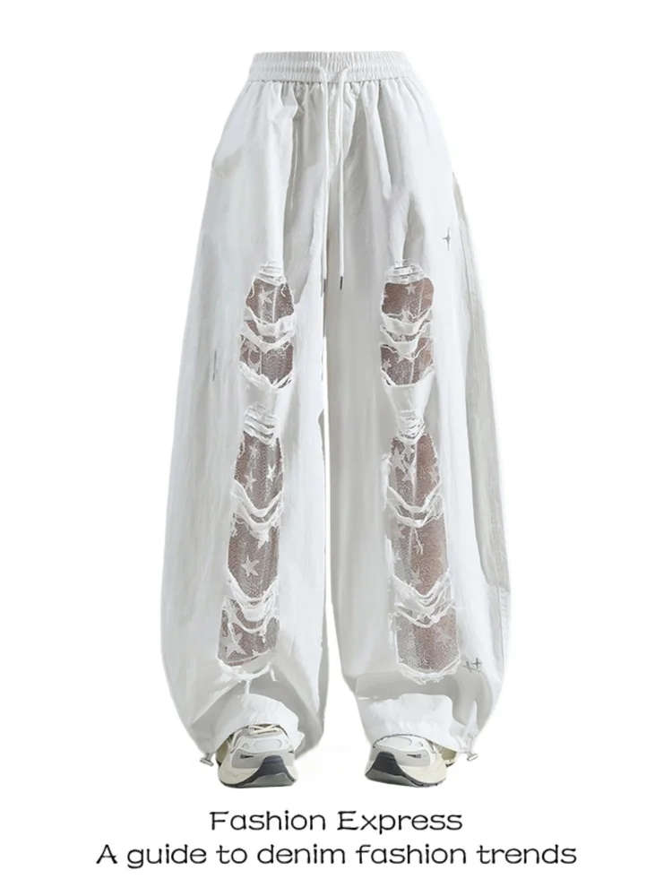 Ruffle Star Splice Pants High Waist Wide Leg Jeans Women's Summer White Lace Patchwork Cut out Design Casual Denim Jeans