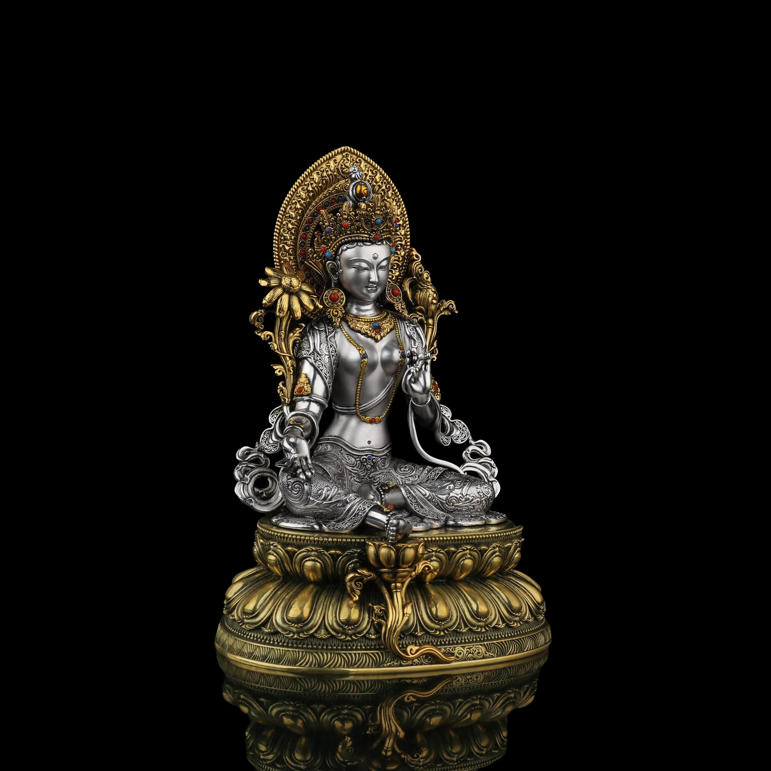 Tibetan Pure Copper Silver-Plated Green Tara Statue 15cm Home Altar Protection Blessing